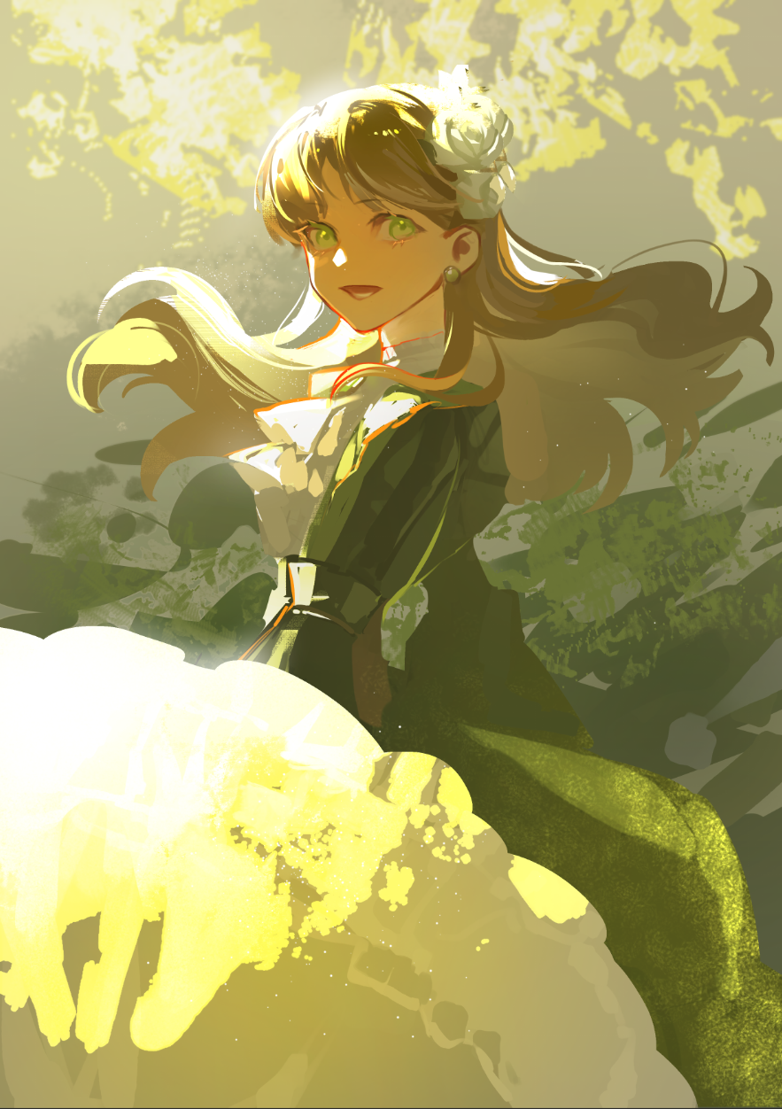1girl abstract_background audrey_hall bangs blonde_hair chinese_commentary colored_eyelashes commentary_request dress earrings flower green_dress green_eyes hair_flower hair_ornament highres holding jewelry long_hair long_sleeves looking_at_viewer looking_to_the_side lord_of_the_mysteries open_mouth parasol sasakihaise smile solo sunlight teeth tongue umbrella
