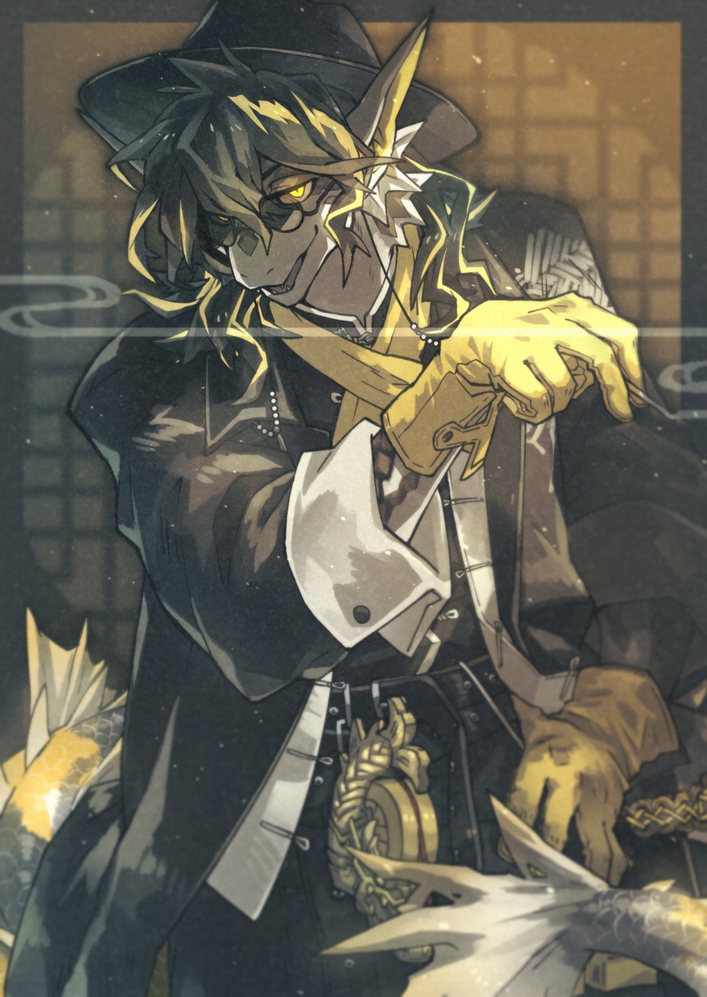 1boy arknights blonde_hair cowboy_shot dragon_boy dragon_tail formal furry furry_male glasses gloves highres lee_(arknights) looking_at_viewer male_focus morini_ochiteru pointy_ears scales slit_pupils smoking solo suit tail yellow_eyes yellow_gloves