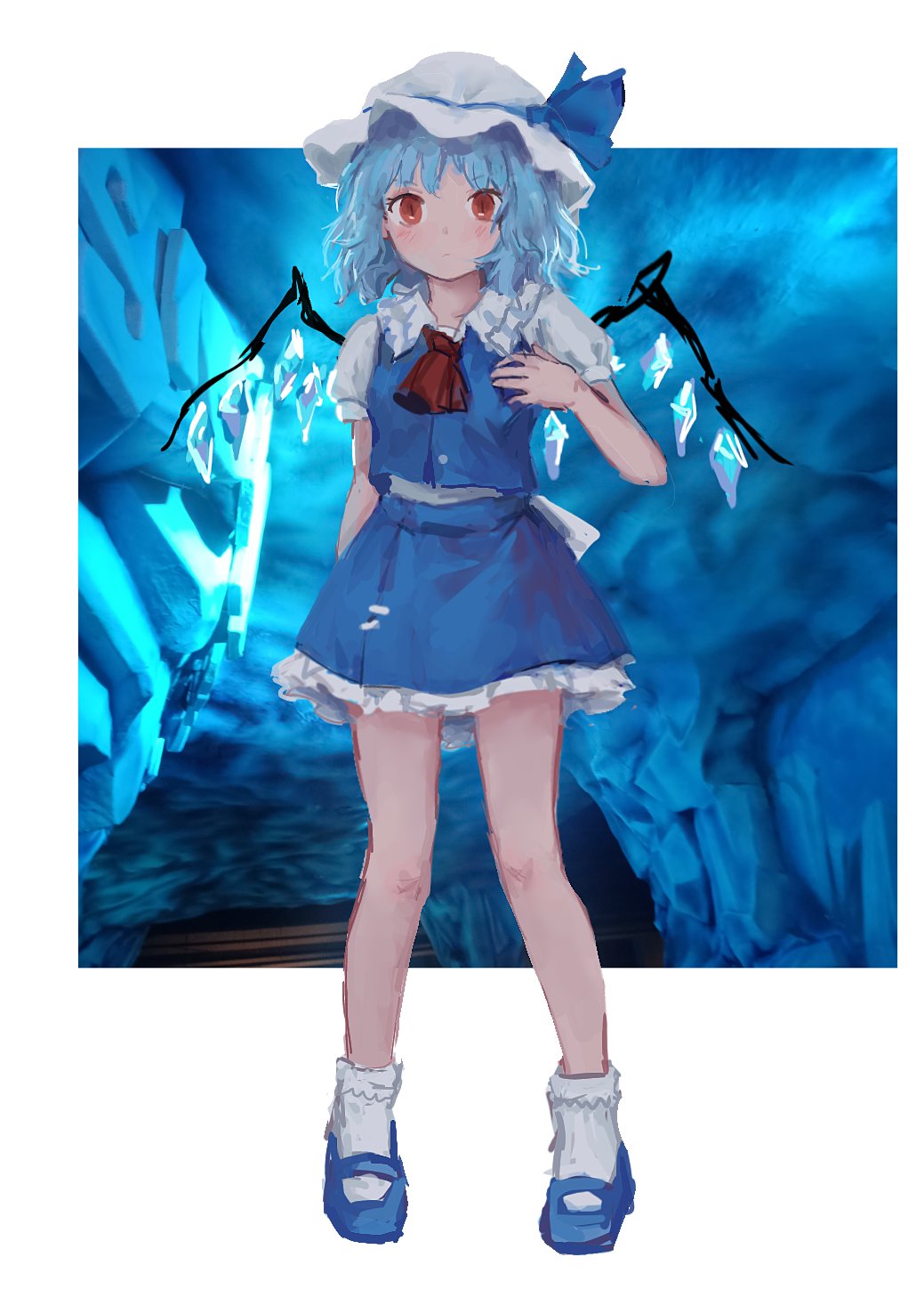 1girl arm_up ascot back_bow bangs blue_footwear blue_hair blue_ribbon blue_skirt blue_vest blush border bow breasts buttons cirno closed_mouth collared_shirt crystal embodiment_of_scarlet_devil flandre_scarlet frills fusion grey_bow grey_headwear grey_shirt grey_socks hand_on_own_chest hand_up hat hat_ribbon highres himuhino ice jewelry looking_at_viewer medium_breasts outside_border puffy_short_sleeves puffy_sleeves red_ascot ribbon shirt shoes short_hair short_sleeves skirt socks solo touhou vest water white_border wings