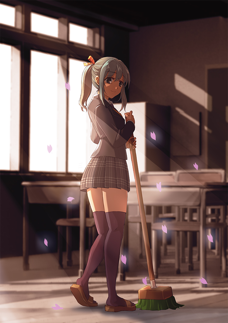 1girl bangs blazer broom classroom cleaning desk falling_petals fogmisthaze from_behind green_eyes hair_ribbon holding holding_broom indoors jacket light_rays long_hair looking_at_viewer looking_back original petals plaid plaid_skirt pleated_skirt ponytail ribbon school school_uniform skirt slippers smile solo thigh-highs