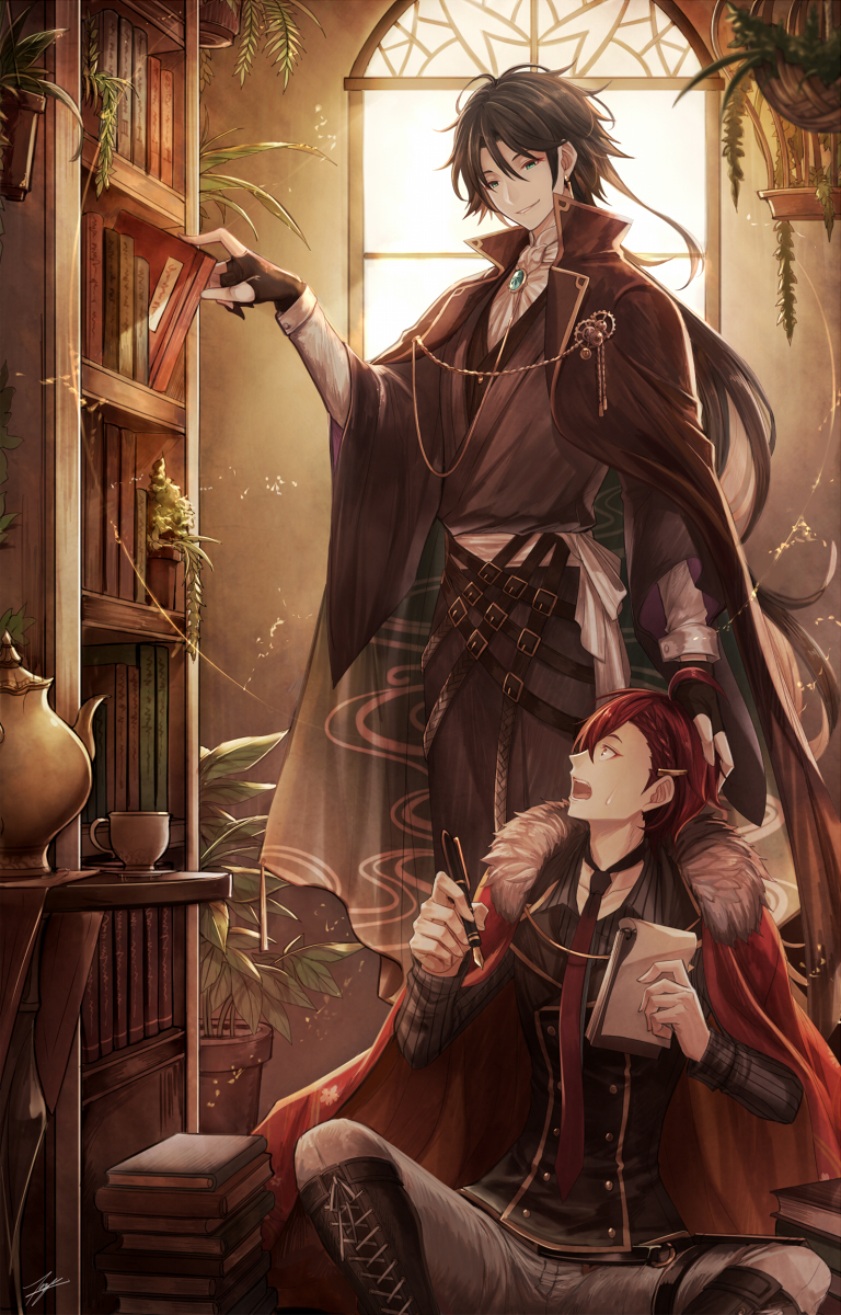 2boys akutagawa_ryuunosuke_(bungou_to_alchemist) aqua_eyes ascot backlighting belt belt_buckle black_belt black_footwear black_gloves black_hair black_necktie black_shirt black_vest book book_stack bookshelf boots braid braided_bangs brooch brown_cape buckle bungou_to_alchemist cape collared_cape collared_shirt cross-laced_footwear cup dazai_osamu_(bungou_to_alchemist) dress_shirt earrings eye_contact feet_out_of_frame fingerless_gloves fur-trimmed_cape fur_trim gears gloves gradient_necktie grey_kimono hair_ornament hairclip hand_on_another's_head hanging_plant highres holding holding_notepad holding_pen japanese_clothes jewelry kimono lapel_pin lapels long_hair looking_at_another looking_up male_focus multiple_belts multiple_boys necktie notepad on_floor open_mouth pants parted_lips pen plant potted_plant red_cape red_eyeliner red_eyes red_necktie redhead sash shirt short_hair sitting smile standing striped striped_shirt surprised sweatdrop table teacup teapot teeth tenyo0819 thigh_strap upper_teeth vertical-striped_shirt vertical_stripes vest white_ascot white_pants white_sash white_shirt wide-eyed window