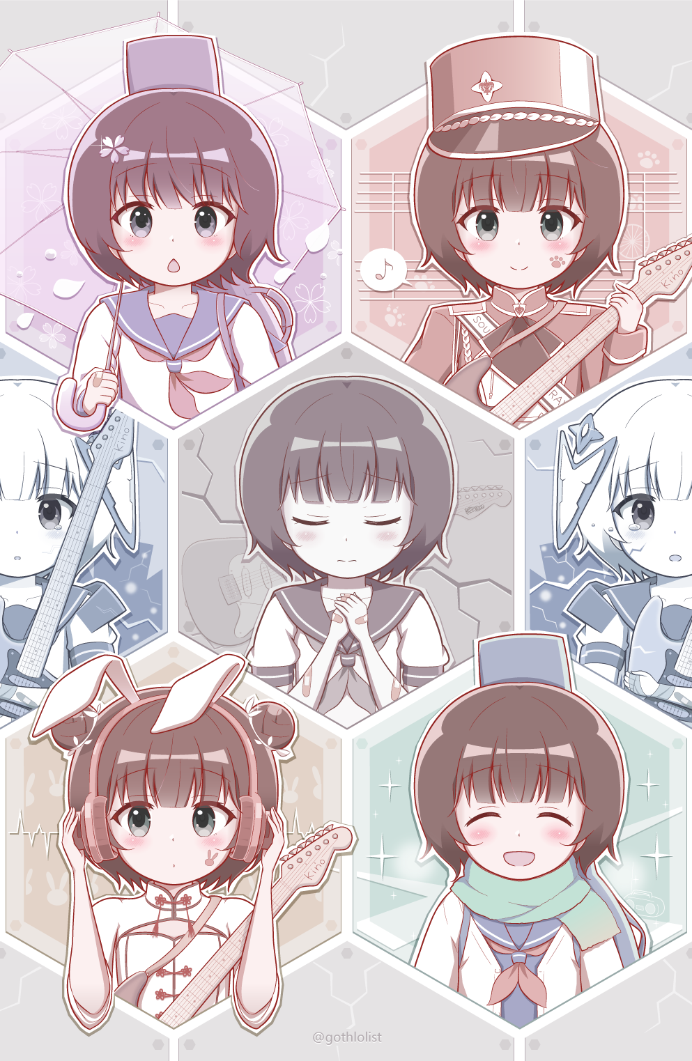 1girl :d ^_^ bandaid bandaid_on_arm bandaid_on_hand black_hair blue_sailor_collar blue_shirt blush character_request closed_eyes closed_mouth commentary_request double_bun eighth_note electric_guitar facial_mark facing_viewer flower goth_risuto green_eyes green_scarf guitar hair_bun hair_flower hair_ornament hands_on_headphones hands_up hat headphones highres holding holding_instrument holding_umbrella instrument jacket looking_at_viewer multiple_views musical_note neckerchief open_clothes open_jacket own_hands_together parted_lips pink_flower red_neckerchief sailor_collar scarf school_uniform serafuku shako_cap shirt smile sound_voltex spoken_musical_note tears transparent transparent_umbrella umbrella white_jacket