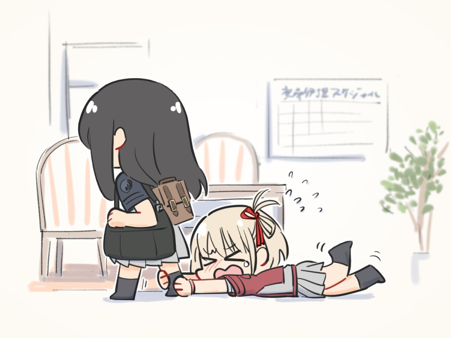 &gt;_&lt; 2girls backpack bag black_bag black_hair black_thighhighs blonde_hair blush brown_bag chair chibi commentary crying flying_sweatdrops full-face_blush grey_skirt hair_ribbon inoue_takina jacket long_hair lycoris_recoil medium_hair mukiki multiple_girls nishikigi_chisato one_side_up open_mouth plant pleated_skirt red_jacket red_ribbon ribbon skirt socks tantrum thigh-highs