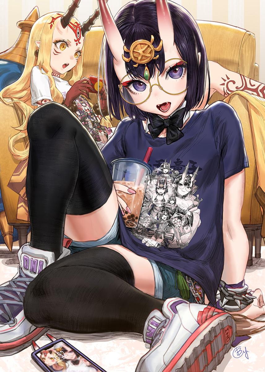 2girls alternate_costume b.c.n.y. bespectacled black_thighhighs blonde_hair blue_shorts bob_cut bubble_tea cup disposable_cup drinking_straw earrings eyeliner facial_mark fate/grand_order fate_(series) forehead_mark glasses headpiece highres holding holding_cup horns ibaraki_douji_(fate) jewelry makeup multiple_girls oni oni_horns print_shirt purple_hair purple_shirt shirt shoes short_hair short_shorts short_sleeves shorts shuten_douji_(fate) sitting skin-covered_horns sneakers thigh-highs violet_eyes white_footwear white_shirt yellow_eyes