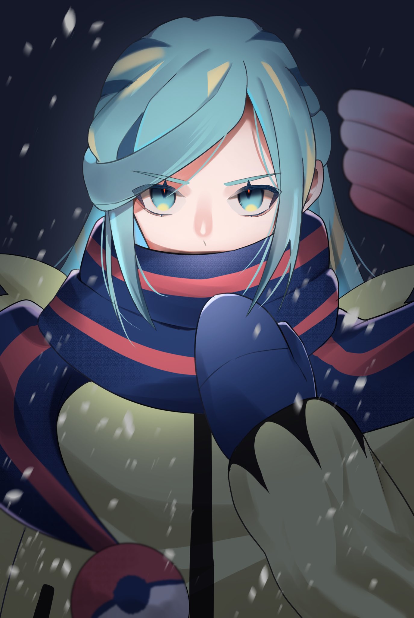 1boy aqua_hair azuki_anko black_scarf commentary_request eyelashes grusha_(pokemon) hand_up highres jacket long_hair long_sleeves looking_at_viewer male_focus mittens poke_ball_print pokemon pokemon_(game) pokemon_sv scarf scarf_over_mouth snowing solo upper_body yellow_jacket