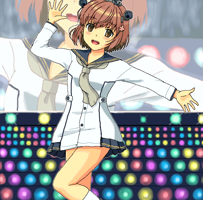1girl blue_sailor_collar brown_eyes brown_hair cherry_blossoms dancing dress feet_out_of_frame flower grey_neckerchief hair_flower hair_ornament headgear headset kantai_collection lights looking_at_viewer mocchi_man neckerchief oekaki outstretched_arms sailor_collar sailor_dress screen short_hair solo speaking_tube_headset stairs standing standing_on_one_leg uma_pyoi_densetsu umamusume yukikaze_(kancolle)