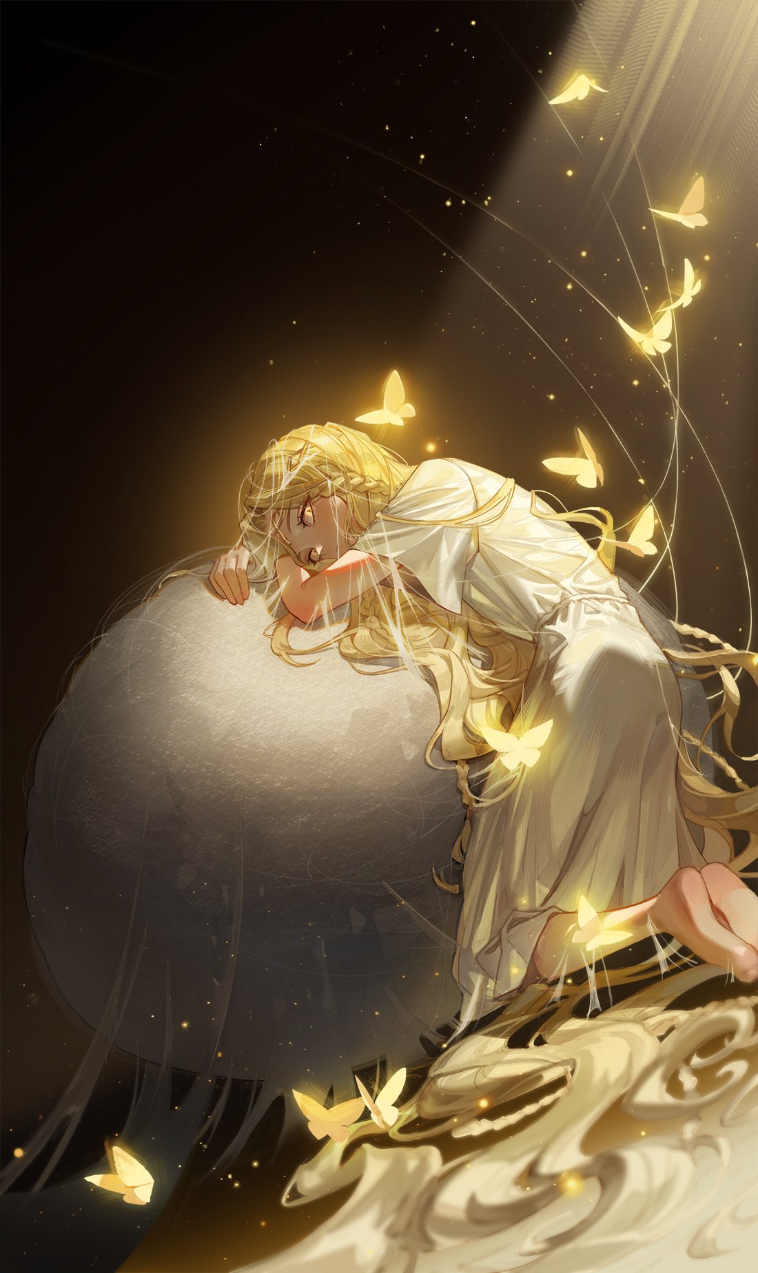 1boy ass barefoot blonde_hair braid bug butterfly dress egg elden_ring highres long_hair looking_at_viewer male_focus miquella_(elden_ring) mono_0313 otoko_no_ko simple_background solo