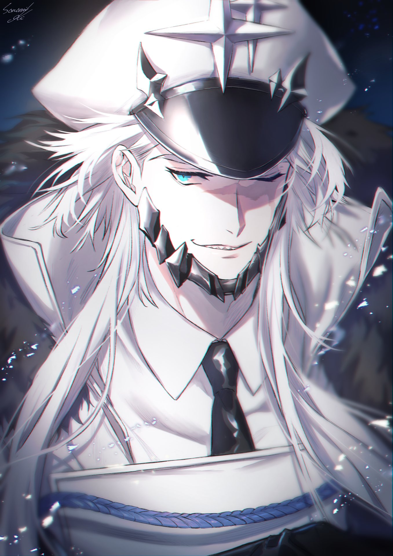 1boy alchemy_stars aqua_eyes barton_(alchemy_stars) black_necktie coat commentary_request fur_trim hat highres long_hair male_focus necktie one_eye_closed parted_lips peaked_cap scar scar_on_face scar_on_nose sharp_teeth simple_background solo sonomi teeth upper_body white_hair white_headwear