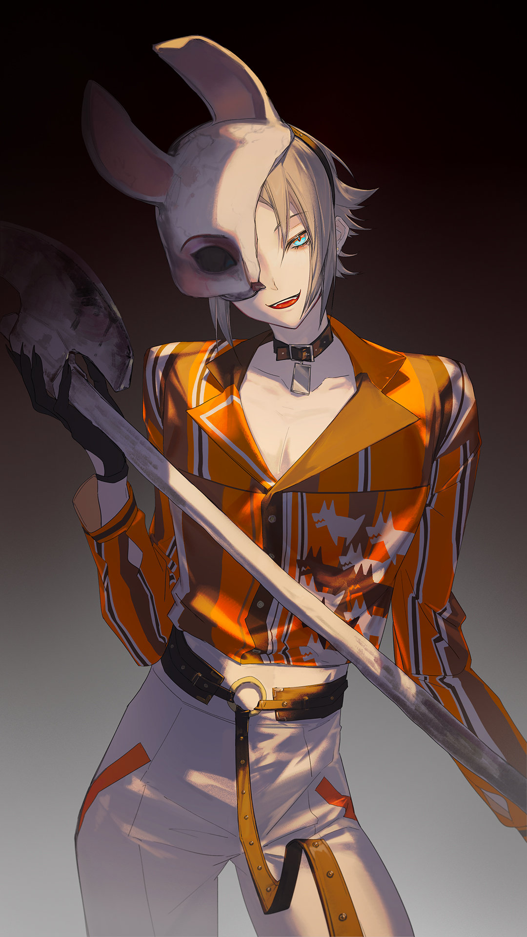 1boy animal_collar animal_print axe belt black_collar black_gloves black_hair blue_eyes brown_background brown_hair bunny_mask buttons collar collarbone commentary contrapposto cosplay cowboy_shot dead_by_daylight dog_print fangs fingernails gloves gradient gradient_background highres holding holding_axe keikoku_(kujira) long_sleeves looking_at_viewer male_focus mask mysta_rias nijisanji nijisanji_en o-ring o-ring_belt one_eye_covered open_mouth orange_shirt pants sharp_fingernails shirt short_hair smile solo standing striped striped_shirt the_huntress_(dead_by_daylight) the_huntress_(dead_by_daylight)_(cosplay) virtual_youtuber white_pants