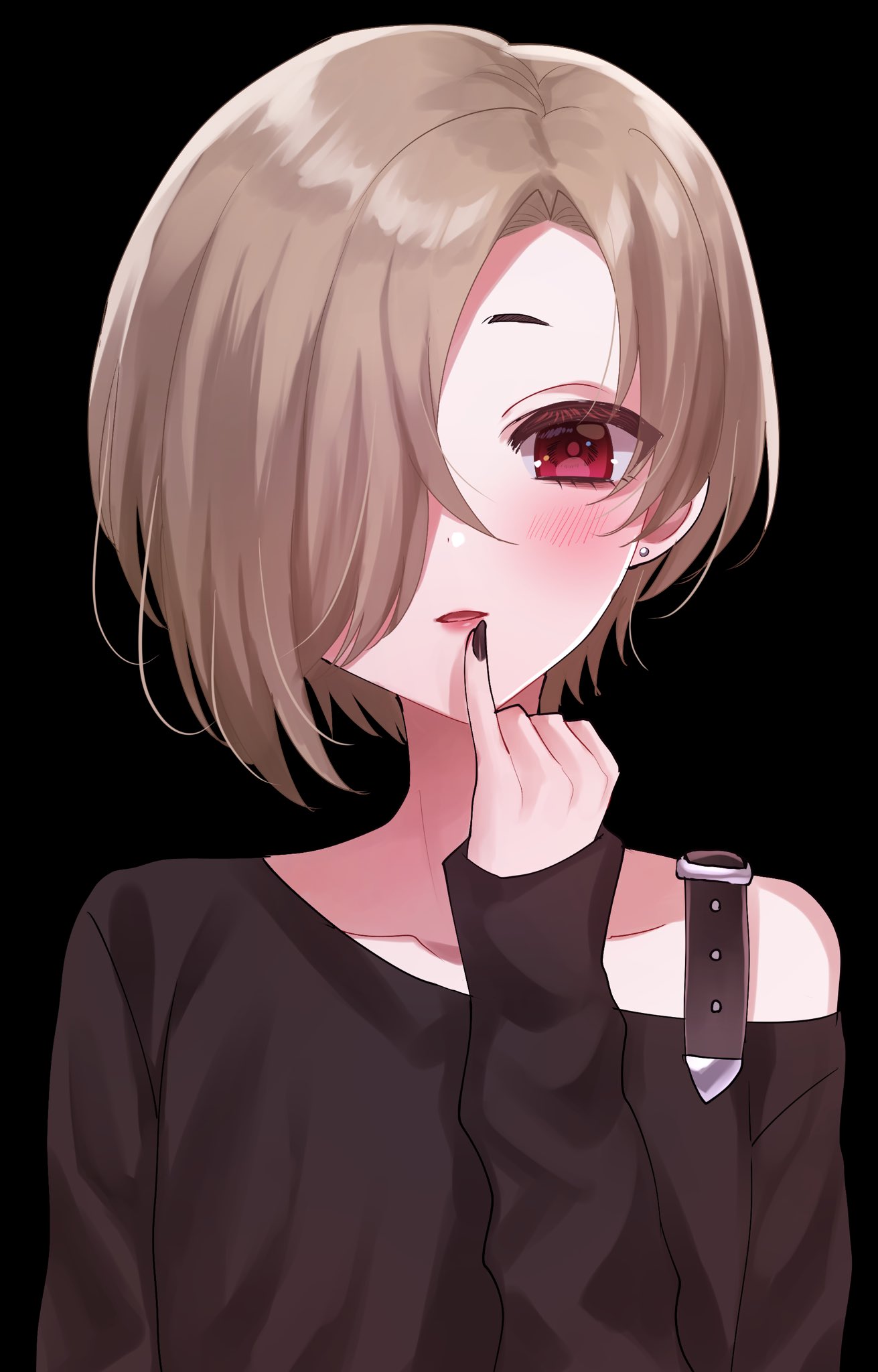 1girl black_background black_shirt blonde_hair blush collarbone earrings finger_to_mouth hair_over_one_eye highres idolmaster idolmaster_cinderella_girls jewelry looking_at_viewer nail_polish one_eye_covered pinky_out red_eyes sahara_tsugumi shirasaka_koume shirt simple_background single_bare_shoulder solo stud_earrings upper_body