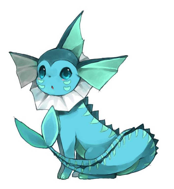 animal_focus blue_eyes blue_theme blush commentary commission english_commentary facial_mark from_side full_body light_blush looking_at_viewer no_humans open_mouth pokemon pokemon_(creature) puddingx2 simple_background sitting solo vaporeon whisker_markings white_background