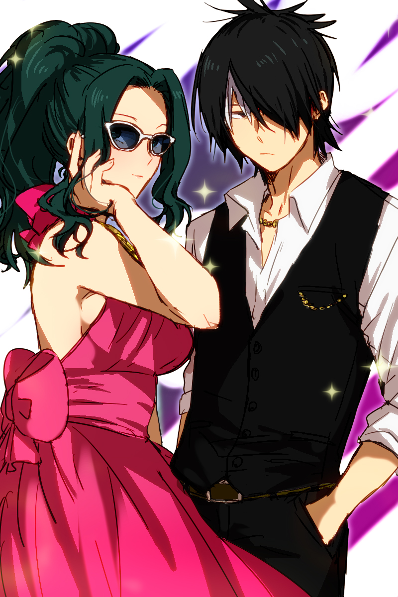 1boy 1girl alternate_hair_color belt black_hair black_vest boku_no_hero_academia breasts dress green_hair hand_in_pocket hand_up highres hinata_(ryohinata) jewelry long_hair medium_breasts multicolored_hair necklace pink_dress standing streaked_hair sunglasses todoroki_shouto vest yaoyorozu_momo