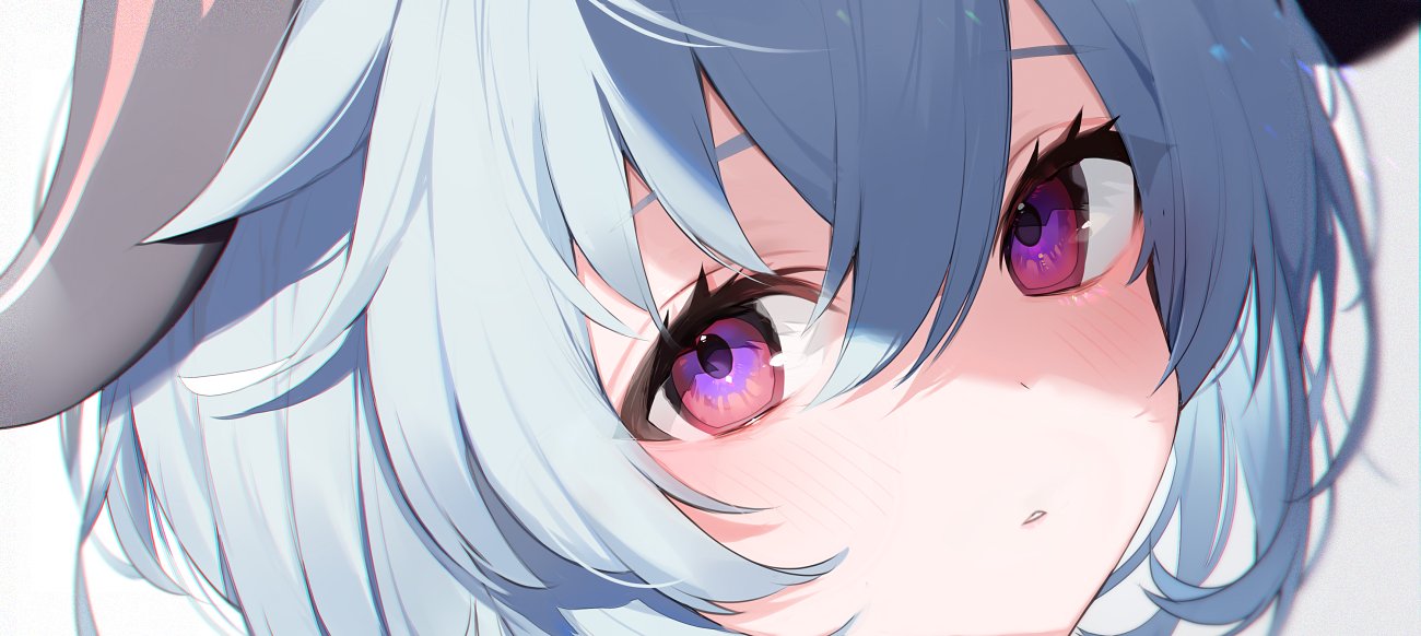 1girl bangs banned_artist blue_hair blush close-up ganyu_(genshin_impact) genshin_impact horns looking_at_viewer multicolored_eyes muryotaro parted_lips portrait simple_background solo triangle_mouth violet_eyes white_background
