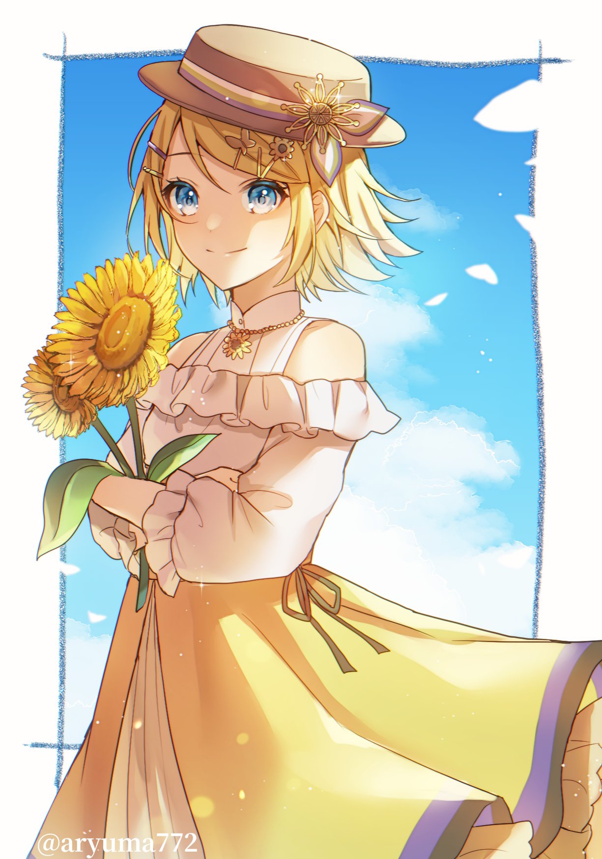 1girl aryuma772 bare_shoulders blouse blue_eyes blue_sky boater_hat crossed_arms flower flower_necklace flower_ornament frilled_shirt frilled_skirt frilled_sleeves frills hair_ornament hairclip hat_ornament highres holding holding_flower kagamine_rin long_skirt looking_at_viewer petticoat project_sekai shirt short_hair skirt sky smile solo sunflower twitter_username vocaloid yellow_skirt