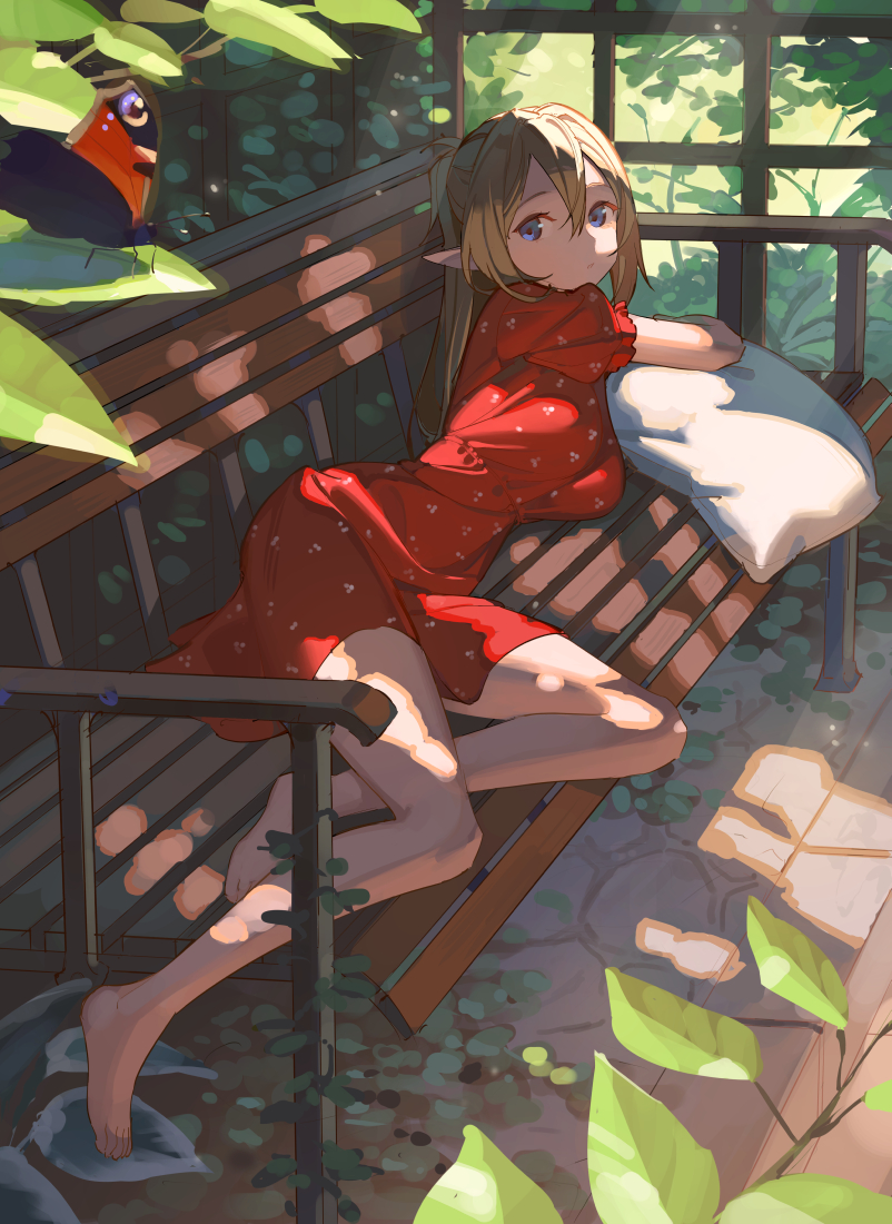1girl arm_support bangs bare_legs barefoot bench blonde_hair blue_eyes breasts bug butterfly closed_mouth dappled_sunlight dress elf english_commentary expressionless feet hair_between_eyes leaf looking_at_viewer lying medium_breasts on_bench on_side original outdoors pillow pointy_ears red_dress scenery solo sunlight timbougami toes tree trellis wooden_bench