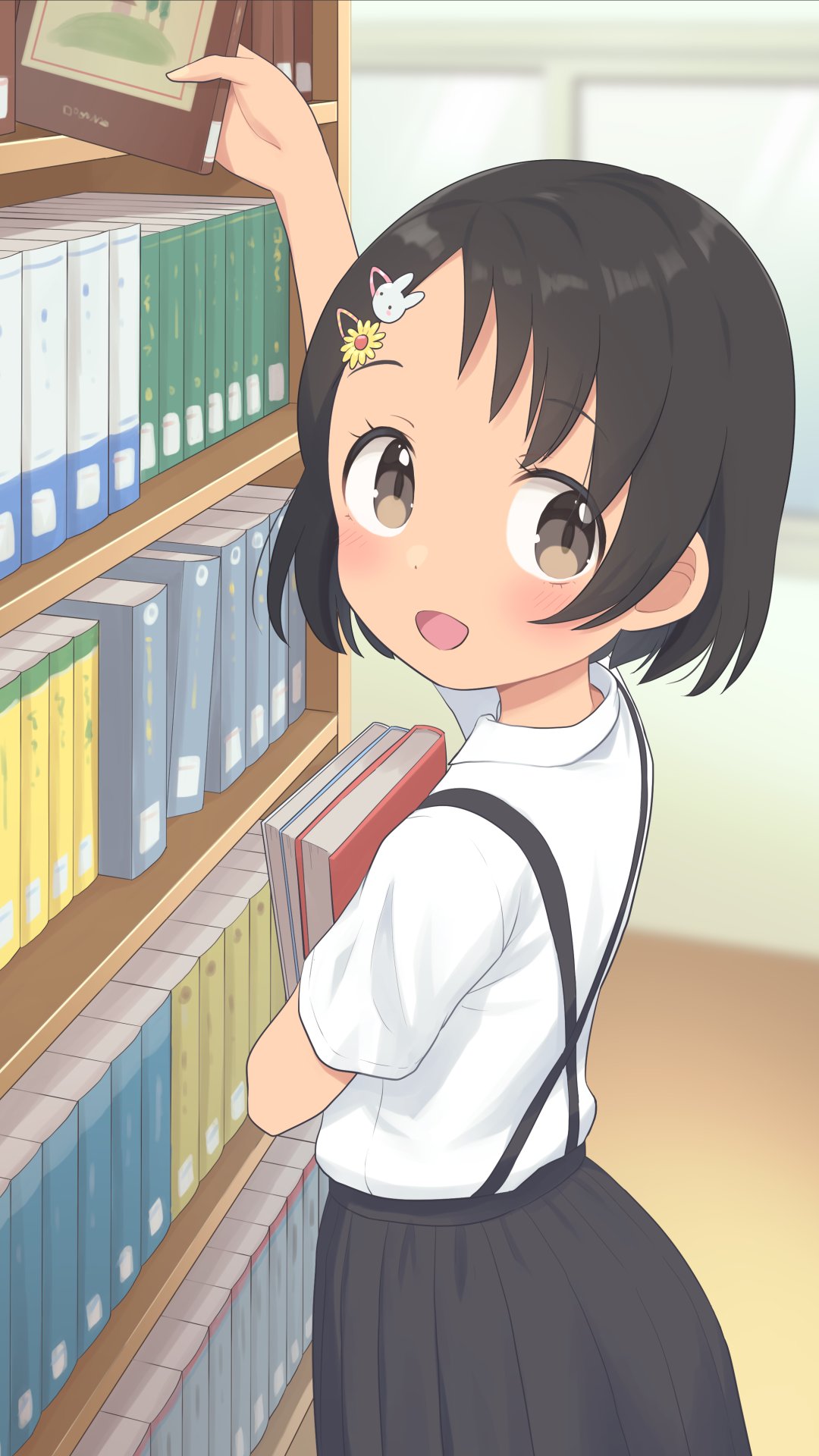 1girl bangs black_hair black_skirt blush book book_stack brown_eyes bunny_hair_ornament check_commentary commentary_request cowboy_shot dot_nose flower hair_flower hair_ornament hairclip hand_up highres holding holding_book idolmaster idolmaster_cinderella_girls indoors looking_back open_mouth pleated_skirt sasaki_chie shirt short_hair short_sleeves skirt smile solo suspender_skirt suspenders white_shirt window yama_tatsuo