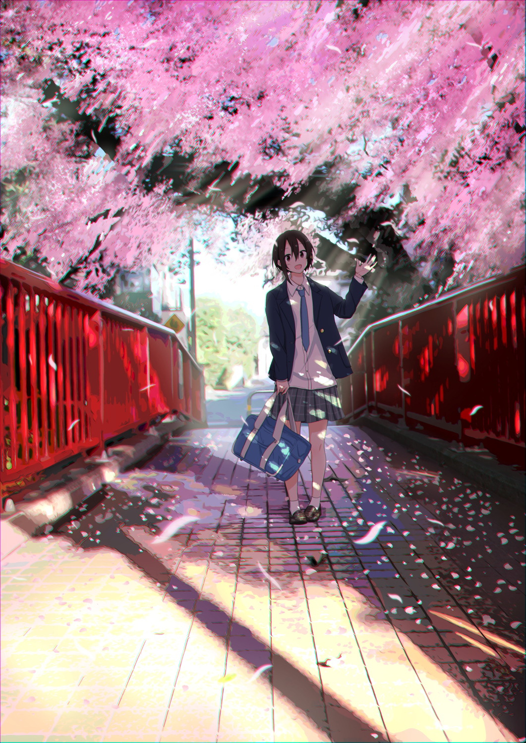 1girl :d bag bangs black_hair blazer blue_jacket blue_necktie brown_footwear cherry_blossoms commentary english_commentary grey_skirt hair_between_eyes highres holding holding_bag jacket loafers long_sleeves looking_at_viewer necktie open_clothes open_jacket open_mouth original outdoors plaid plaid_skirt sakeharasu scenery school_bag school_uniform shadow shirt shoes short_hair skirt smile socks solo standing tree white_shirt white_socks wide_shot