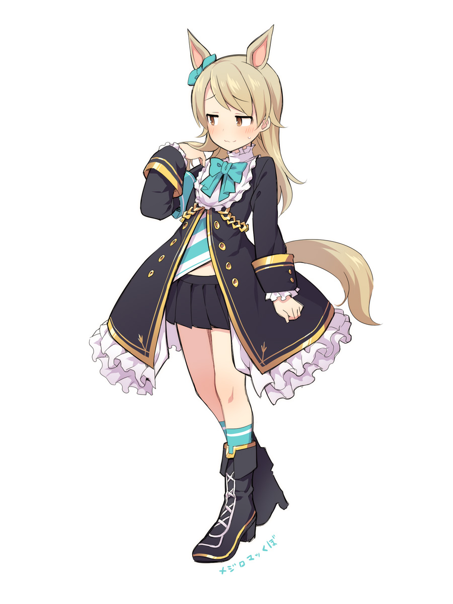 1girl animal_ears aqua_bow aqua_bowtie aqua_socks armband bangs black_footwear black_jacket black_skirt blush boots bow bowtie brown_eyes clenched_hand collar commentary_request cosplay dot_nose extra_ears frilled_collar frilled_jacket frills full_body hair_ribbon hand_up highres horse_ears horse_girl horse_tail idolmaster idolmaster_cinderella_girls jacket legs light_brown_hair long_hair long_sleeves looking_away mejiro_mcqueen_(umamusume) mejiro_mcqueen_(umamusume)_(cosplay) miniskirt morikubo_nono open_clothes open_jacket pleated_skirt ribbon shirt skirt smile socks solo standing striped striped_shirt tail thighs uccow umamusume wavy_mouth white_background