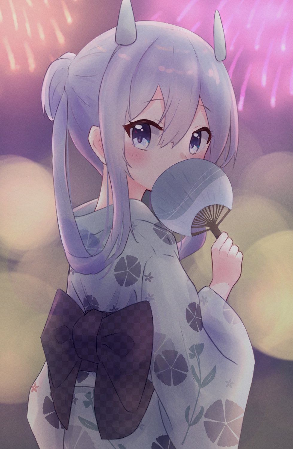 1girl blue_eyes covering_mouth cowboy_shot fake_horns fireworks floral_print from_behind grey_hair hand_fan headgear highres horned_headwear horns i-203_(kancolle) japanese_clothes kantai_collection kimono long_hair looking_at_viewer looking_back paper_fan sidelocks solo uchiwa unoi white_kimono yukata