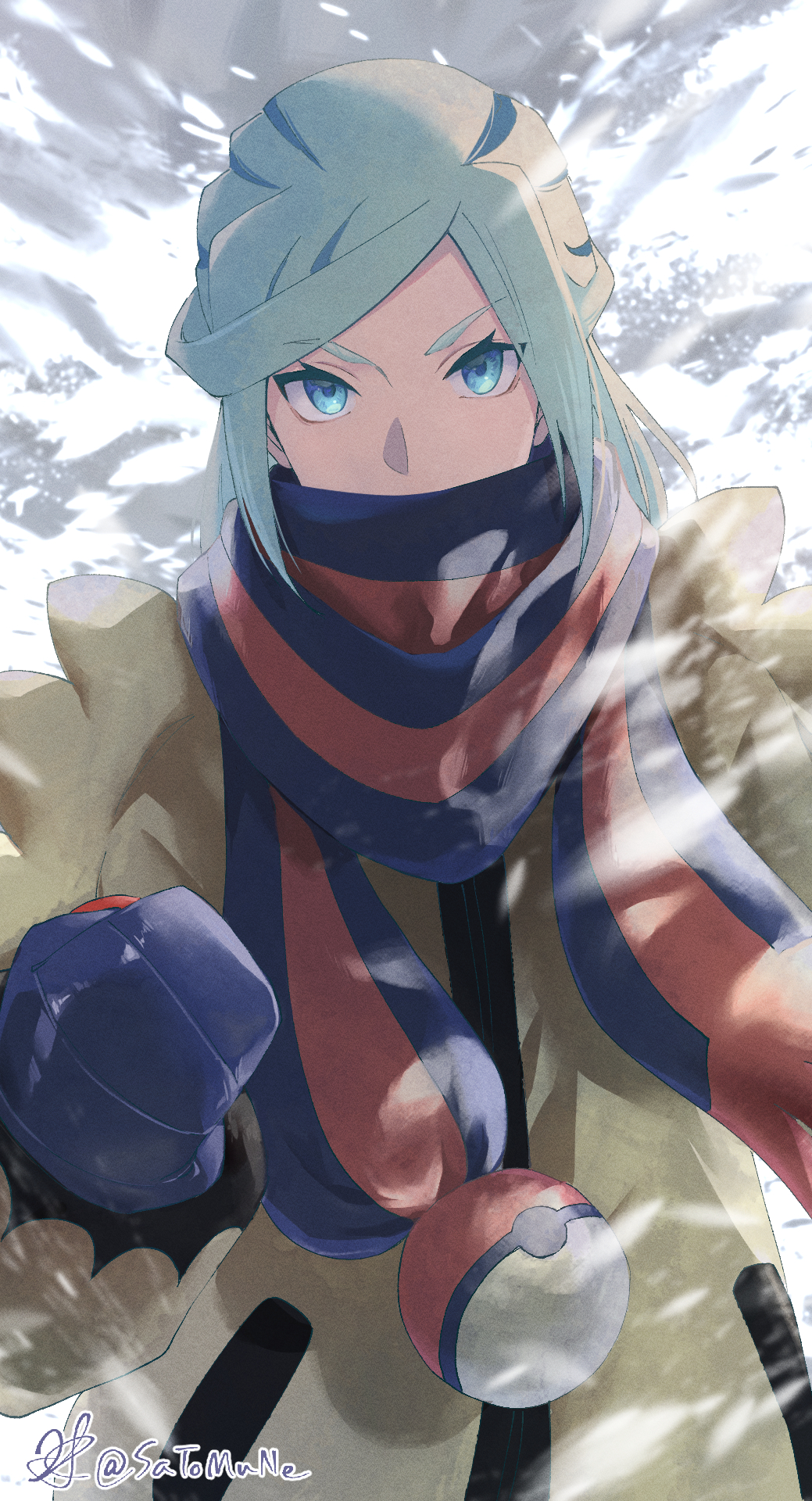 1boy aqua_hair blue_eyes commentary_request day eyelashes grusha_(pokemon) highres jacket long_sleeves looking_at_viewer male_focus mittens outdoors poke_ball_print pokemon pokemon_(game) pokemon_sv satomune_s scarf scarf_over_mouth snowing solo upper_body yellow_jacket