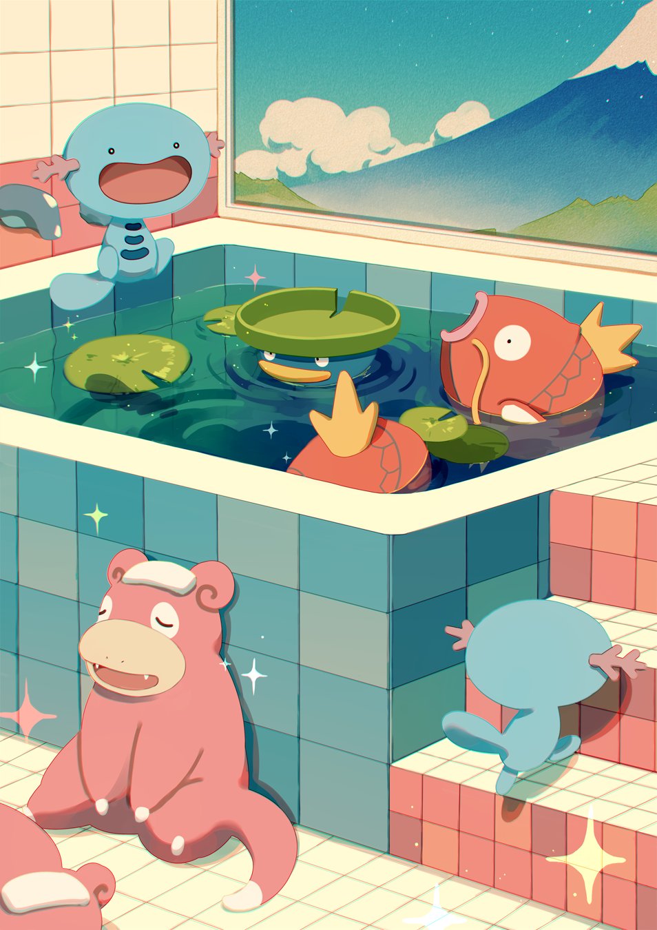 black_eyes bright_pupils closed_eyes commentary fangs fish highres indoors jauni_(tofublock) lotad magikarp open_mouth pokemon relaxing ripples slowpoke stairs tile_floor tiles towel towel_on_head water white_pupils wooper