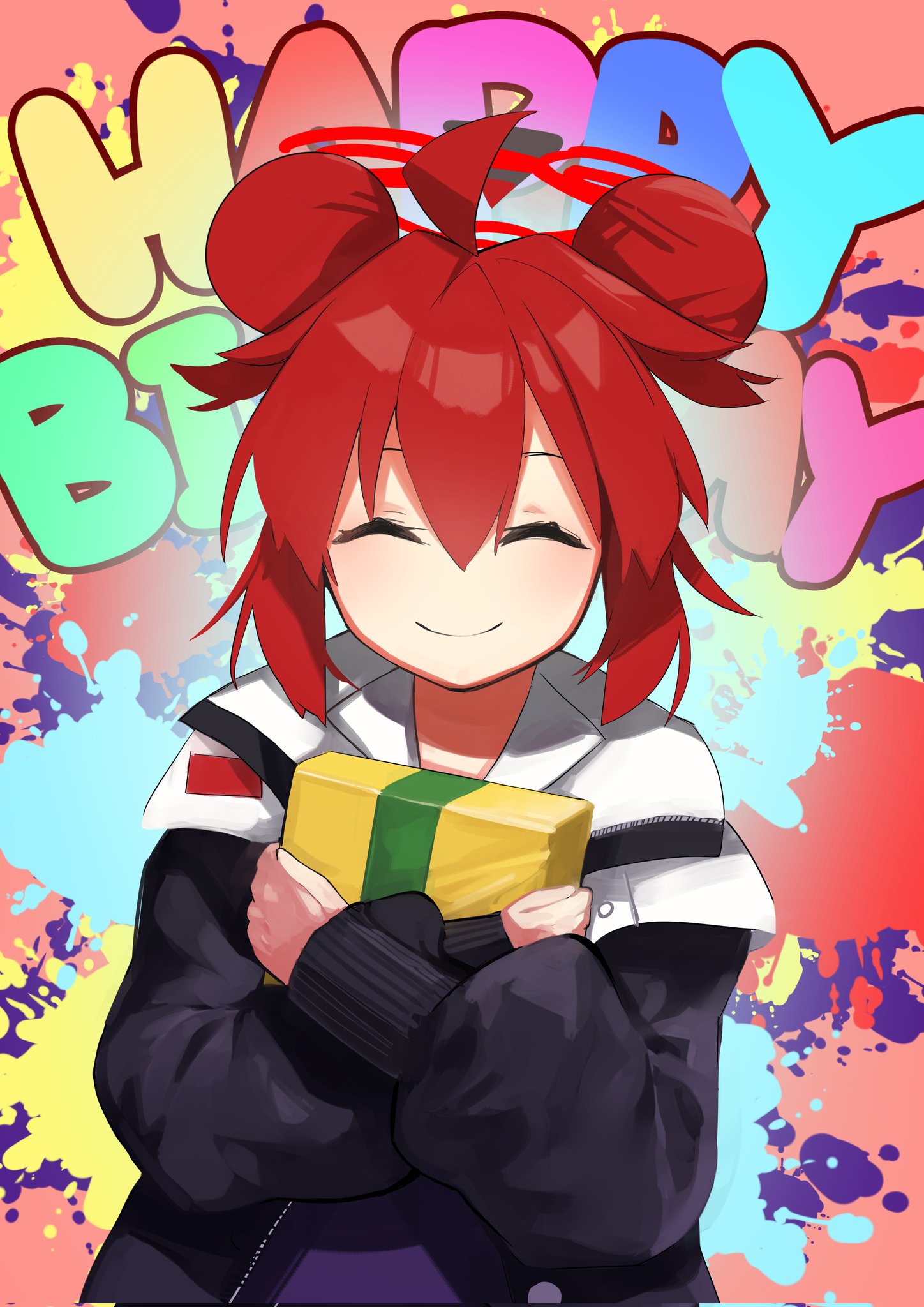 1girl ahoge bangs birthday blue_archive box closed_eyes closed_mouth collared_shirt double_bun gift gift_box graffiti hair_bun halo happy_birthday highres holding holding_gift hudp8854 jacket light_blush long_sleeves maki_(blue_archive) multicolored_background puffy_sleeves redhead shirt short_hair sidelocks smile solo upper_body