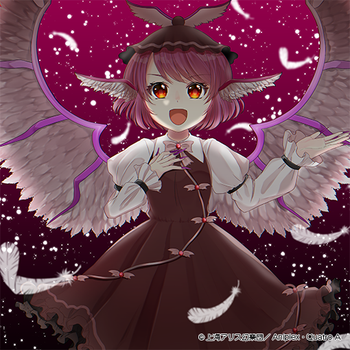 1girl animal_ears bird_ears bird_wings brown_dress brown_headwear dress feathered_wings feathers fingernails frilled_dress frilled_sleeves frills hachipuyo hat juliet_sleeves long_fingernails long_sleeves mystia_lorelei nail_polish official_art open_mouth pink_hair puffy_sleeves purple_nails red_eyes sharp_fingernails short_hair smile solo touhou touhou_cannonball white_wings winged_hat wings