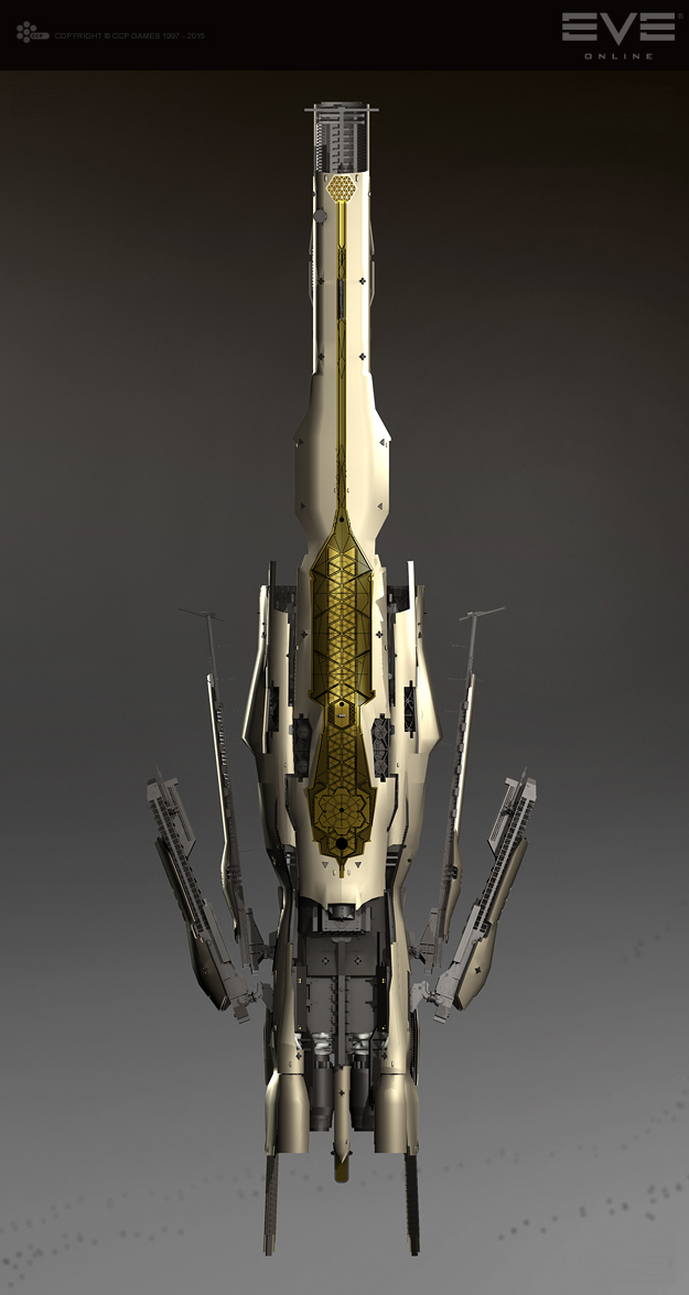 amarr_empire_(eve_online) commentary concept_art confessor_(eve_online) destroyer eve_online from_above logo military military_vehicle no_humans realistic science_fiction ship sobaku-chiuchiu spacecraft thrusters warship watercraft