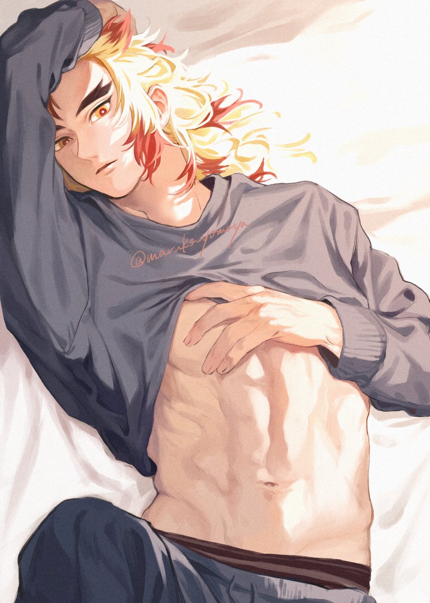 1boy abs blonde_hair clothes_lift forked_eyebrows grey_pants grey_shirt highres kimetsu_no_yaiba long_hair long_sleeves male_focus male_underwear maruko_yomoya multicolored_hair muscular muscular_male navel open_clothes open_shirt pants redhead rengoku_kyoujurou shirt shirt_lift solo stomach twitter_username underwear