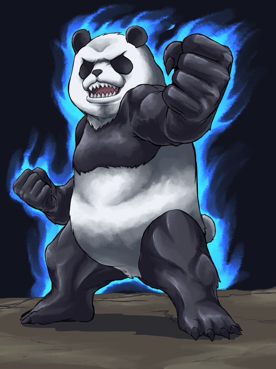 animal animal_focus aura black_background clenched_hands commentary english_commentary full_body highres looking_at_viewer m.m no_humans open_mouth original panda sharp_teeth standing teeth