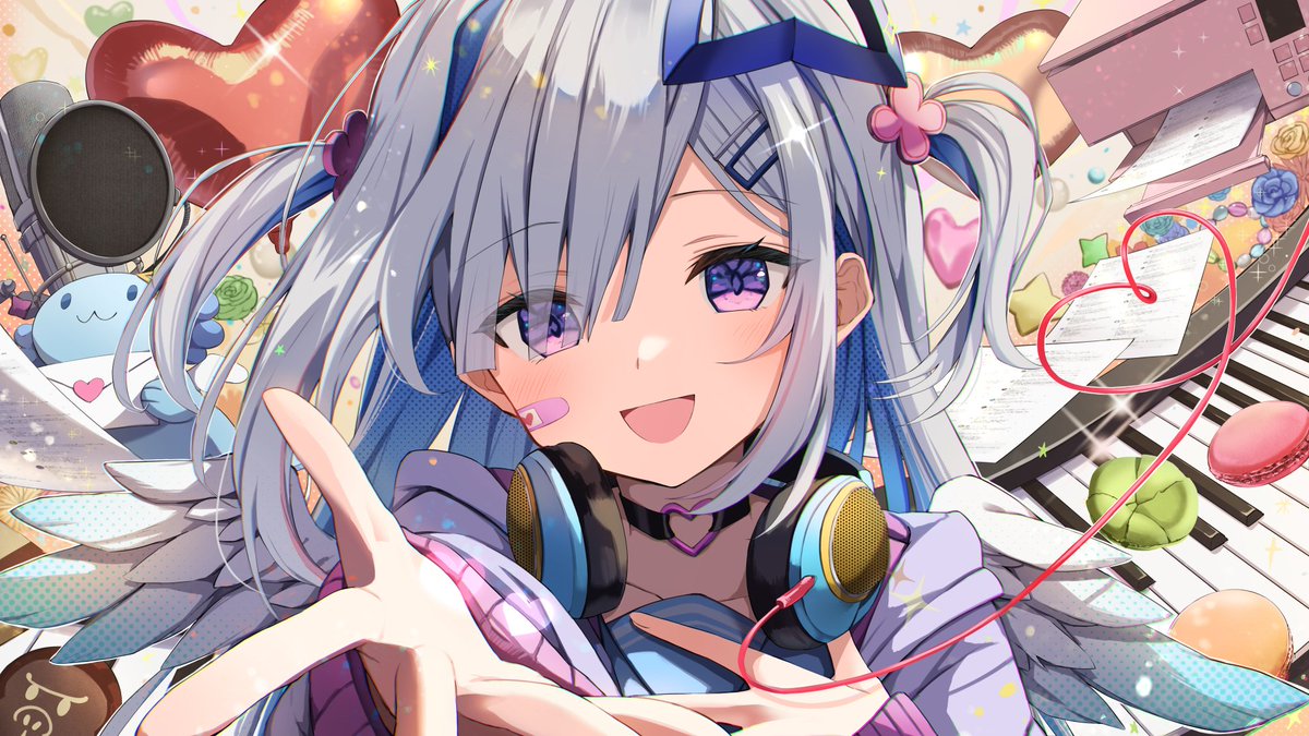 1girl :d amane_kanata angel_wings bandaid bandaid_on_face blue_eyes blue_hair choker colored_inner_hair grey_hair hair_ornament hairclip halo hand_on_own_chest headphones headphones_around_neck heart heart_choker hololive instrument keyboard_(instrument) long_hair multicolored_hair outstretched_arm smile solo star_halo summer_tail720 two_side_up virtual_youtuber wings