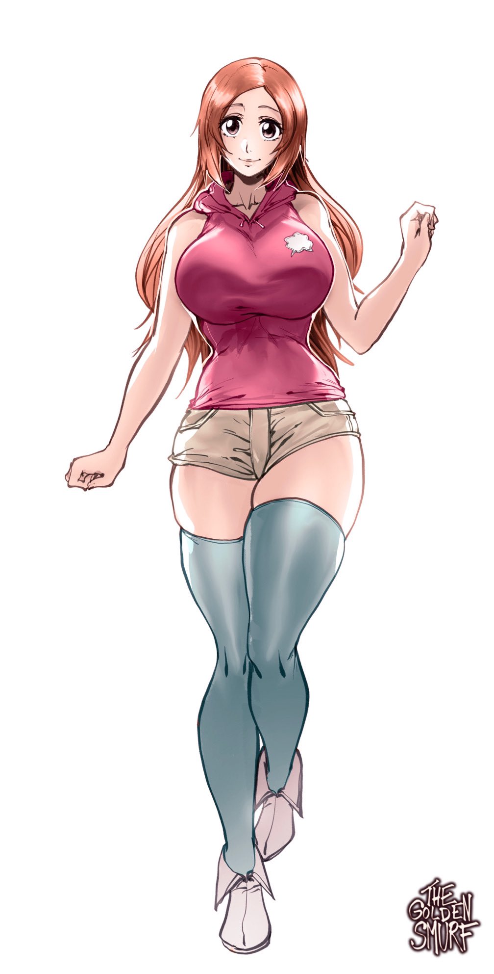 arm_up bleach blue_thighhighs breasts brown_eyes brown_hair highres hood hoodie huge_breasts inoue_orihime lips long_hair narrow_waist pink_hoodie redrawn short_shorts shorts skindentation sleeveless smile the_golden_smurf thick_thighs thigh-highs thighs