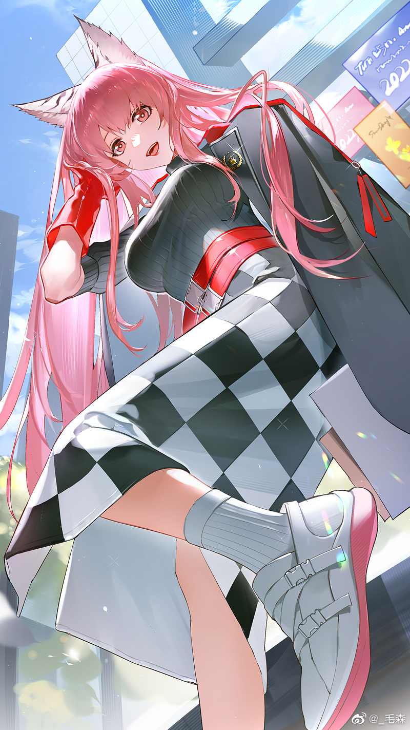 1girl animal_ears ankle_socks belt breasts checkered_clothes checkered_dress chinese_commentary commentary_request dress foot_out_of_frame from_behind girls'_frontline_neural_cloud girls_frontline gloves hand_in_own_hair highres jacket jacket_on_shoulders large_breasts long_dress long_hair looking_at_viewer maosen official_alternate_costume open_mouth outdoors persicaria_(girls'_frontline_nc) pink_eyes pink_hair red_belt red_gloves ribbed_shirt shirt shoes short_sleeves sky smile sneakers socks solo white_footwear white_socks