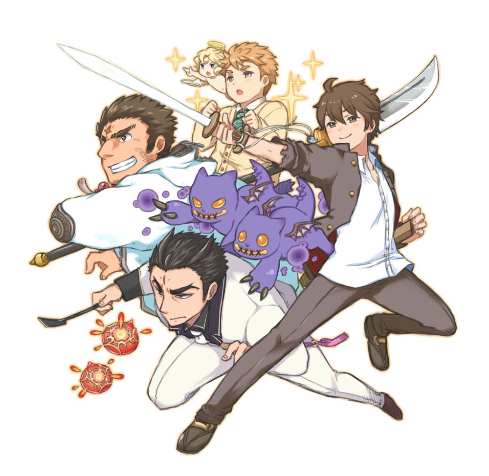 &gt;:) 2others 4boys aizen_(housamo) beads black_hair black_shirt blonde_hair brown_eyes brown_hair claws closed_mouth collared_shirt colored_skin creature cross_scar cupid_(housamo) demon_wings devil_(housamo) energy facial_hair facial_mark feathered_wings fighting_stance floating floating_object forehead_mark formal frown full_body green_necktie grin halo holding holding_sword holding_weapon hood hooded_jacket houzouin_oniwaka jacket loafers long_sideburns looking_afar magatama male_focus master_4_(housamo) mature_male multiple_boys multiple_others naginata necktie open_mouth outline pointing pointing_forward polearm prayer_beads purple_skin red_eyes riding_crop scar scar_on_face scar_on_forehead shirt shoes short_hair sideburns smile sparkle stubble suit summon_lw sweater_jacket sword tassel tennouji_shin'ya thick_eyebrows tokyo_afterschool_summoners torn_clothes v-shaped_eyebrows weapon white_background white_necktie white_shirt white_suit wings yellow_outline