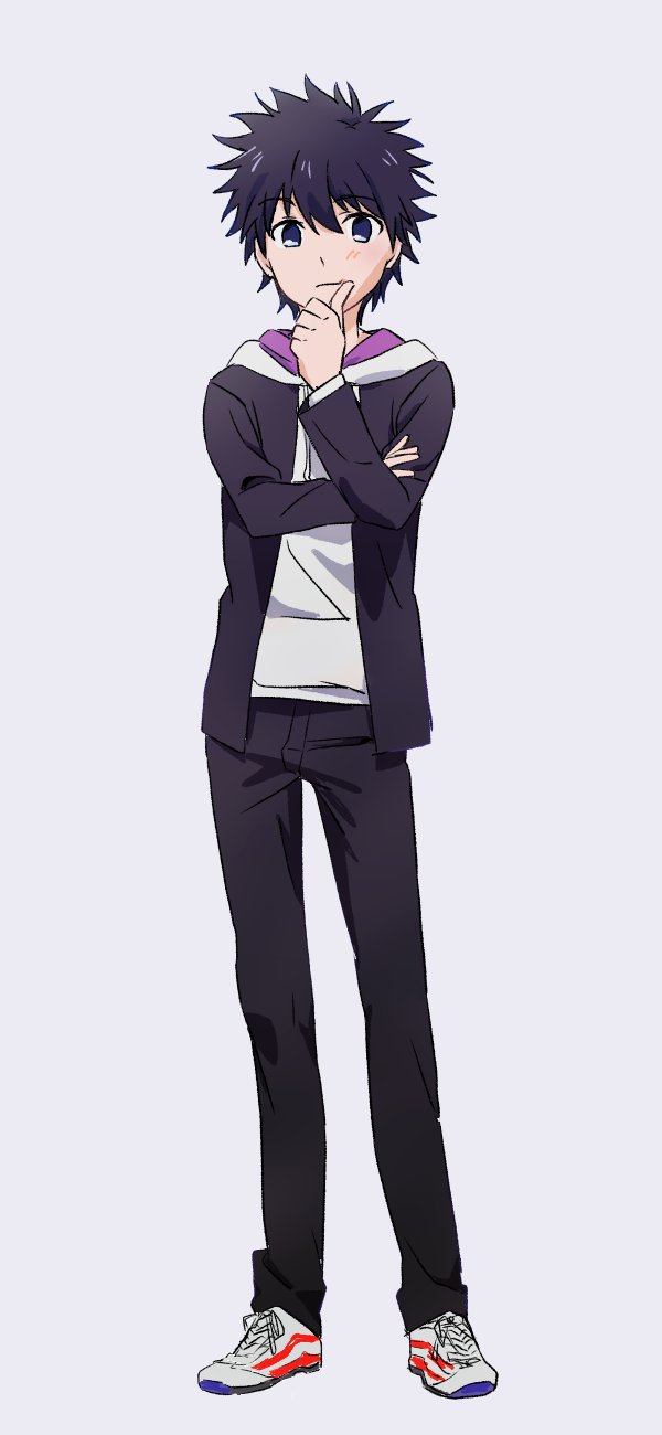 1boy bangs black_hair black_jacket black_pants blue_eyes commentary_request full_body gakuran highres hood hoodie jacket kamijou_touma male_focus open_clothes open_jacket pants riyen1017 school_uniform shoes simple_background sneakers solo spiky_hair standing toaru_majutsu_no_index white_background white_footwear white_hoodie