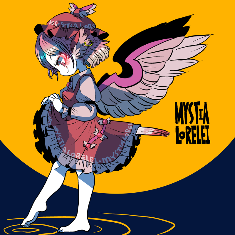 1girl animal_ears barefoot bird_ears bird_tail bird_wings blush brown_dress brown_headwear character_name closed_mouth clothes_writing dress earrings frilled_dress frills full_body hat jewelry long_sleeves mystia_lorelei pink_eyes pink_hair short_hair single_earring smile solo tail touhou white_wings winged_hat wings yt_(wai-tei)