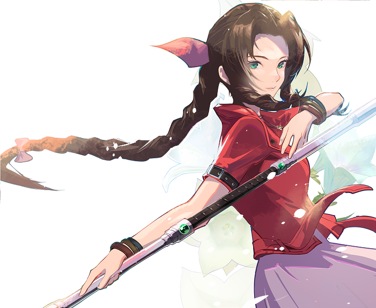1girl aerith_gainsborough bangle bangs bracelet braid braided_ponytail brown_hair cofffee cowboy_shot cropped_jacket dress fighting_stance final_fantasy final_fantasy_vii final_fantasy_vii_remake floral_background green_eyes hair_ribbon holding holding_staff jacket jewelry long_hair looking_at_viewer materia parted_bangs pink_dress pink_ribbon red_jacket ribbon short_sleeves sidelocks solo staff wavy_hair white_background