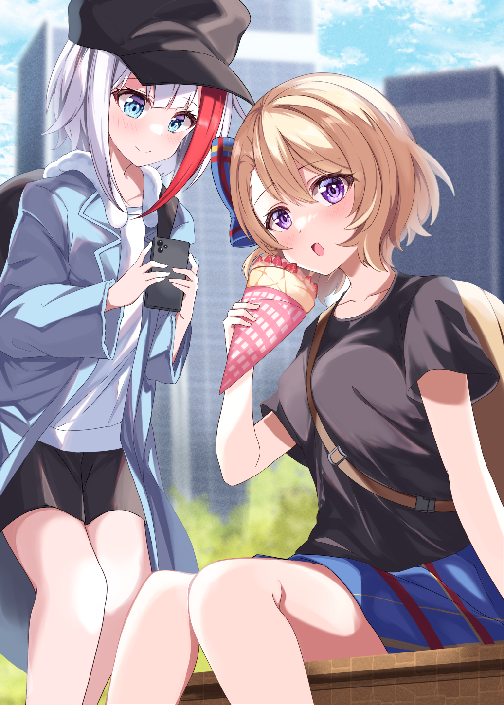 acchii_(akina) admiral_graf_spee_(azur_lane) alternate_costume azur_lane backpack bag black_shirt blonde_hair blue_eyes blue_skirt breasts building casual cellphone city crepe food hair_ribbon hat highres jacket medium_breasts multicolored_hair outdoors phone ribbon shirt short_hair shorts sitting skirt smartphone streaked_hair white_hair z23_(azur_lane)