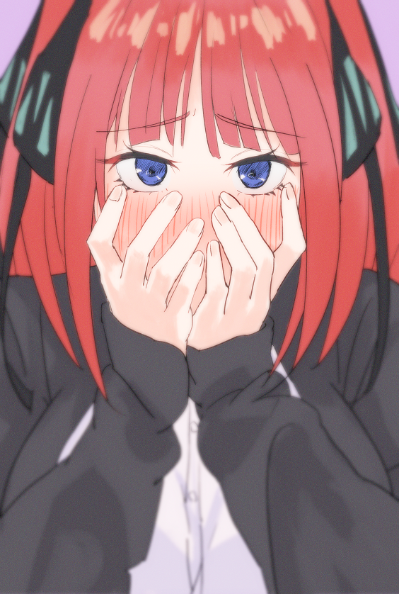 1girl bangs black_cardigan black_ribbon blue_eyes blunt_bangs blush breasts butterfly_hair_ornament cardigan covering_face embarrassed full-face_blush go-toubun_no_hanayome hair_ornament jibe1212 large_breasts looking_at_viewer nakano_nino open_cardigan open_clothes pink_hair purple_background ribbon school_uniform shirt simple_background sleeves_past_wrists twintails white_shirt