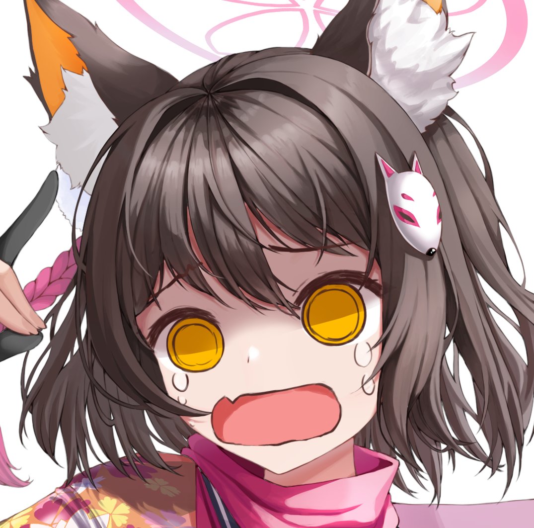 1girl :d animal_ears artist_request bangs blue_archive brown_eyes brown_hair fox_ears fox_girl fox_mask hair_between_eyes izuna_(blue_archive) japanese_clothes kitsune looking_at_viewer mask non-web_source open_mouth smile source_request surprised sweatdrop