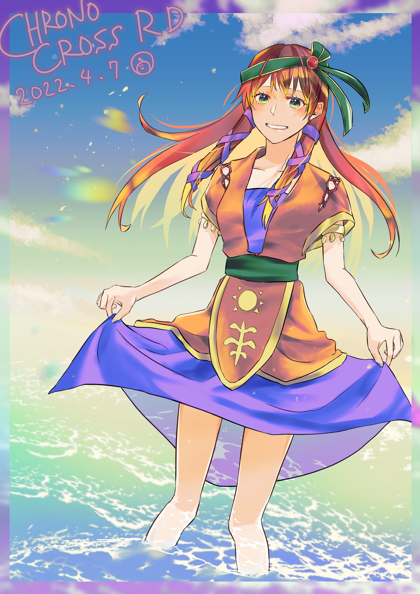 1girl armlet bangs blush breasts chrono_cross clothes_lift dated dress dress_lift feet_out_of_frame green_belt green_eyes green_hairband hair_ribbon hairband highres leena_(chrono_cross) long_dress long_hair medium_breasts ocean orange_hair orange_tunic outdoors purple_dress purple_ribbon ribbon short_sleeves sidelocks smile soaking_feet solo teeth zato_(chro1118)