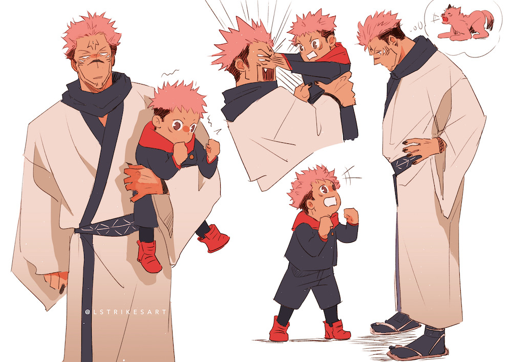 2boys alternate_universe artist_name brown_eyes carrying child clenched_hands dual_persona face_punch facial_tattoo full_body in_the_face itadori_yuuji jujutsu_kaisen lightningstrikes long_sleeves looking_at_another male_child male_focus multiple_boys multiple_views open_mouth pink_hair punching ryoumen_sukuna_(jujutsu_kaisen) short_hair simple_background spiky_hair standing tattoo thought_bubble undercut white_background younger