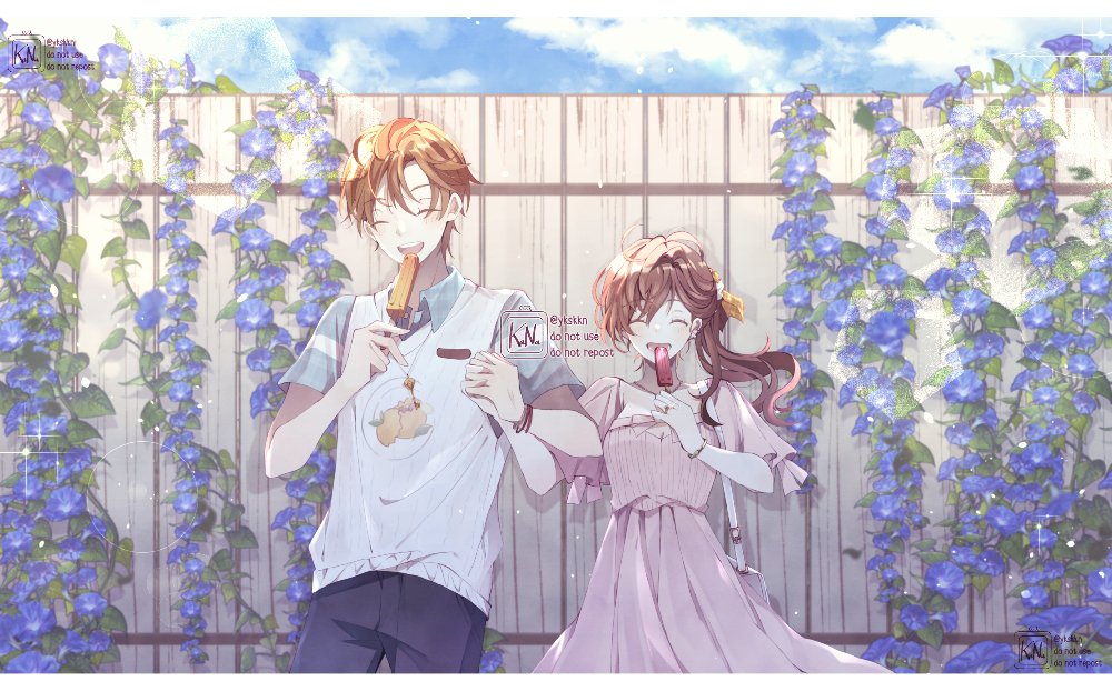 1boy 1girl :d artist_name bangs blue_sky brown_hair closed_eyes clouds cloudy_sky dress fence food holding holding_food holding_hands kana_(ykskkn) long_hair luke_pearce_(tears_of_themis) open_mouth outdoors pink_dress polo_shirt popsicle rosa_(tears_of_themis) shirt short_hair short_sleeves sky smile tears_of_themis white_shirt