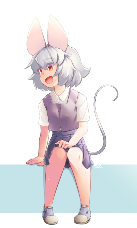1girl alternate_costume animal_ears bangs bbb_(33kudo) blue_footwear breasts brown_vest collared_shirt commentary_request contemporary full_body grey_hair grey_skirt hair_between_eyes looking_to_the_side mouse_ears mouse_girl mouse_tail nazrin open_mouth pleated_skirt red_eyes shirt short_hair sitting skirt small_breasts smile solo tail touhou vest white_background white_shirt