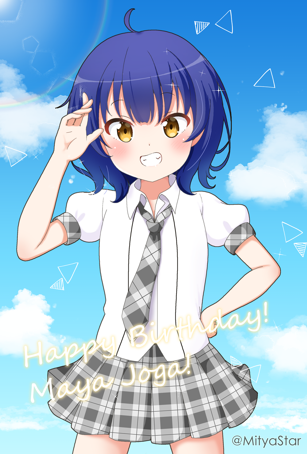 1girl ahoge arm_up bangs blue_hair blue_sky blush brown_eyes character_name clouds collared_shirt commentary_request day gochuumon_wa_usagi_desu_ka? grey_necktie grey_skirt grin happy_birthday highres jouga_maya looking_at_viewer mitya necktie outdoors plaid plaid_necktie plaid_skirt pleated_skirt puffy_short_sleeves puffy_sleeves school_uniform shirt short_sleeves skirt sky smile solo twitter_username white_shirt