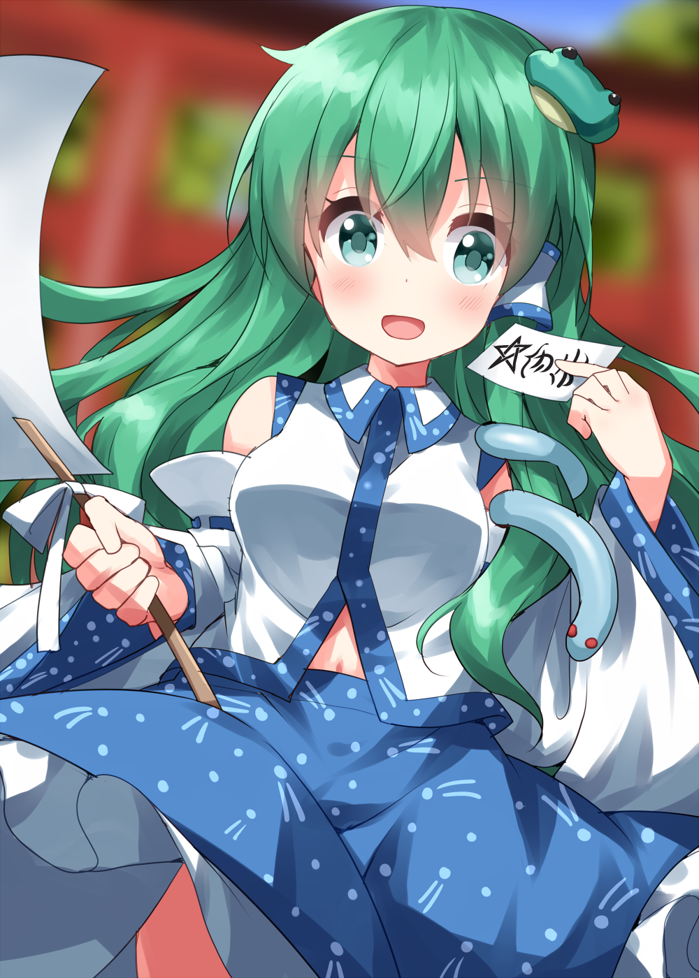 1girl blue_skirt blurry blurry_background blurry_foreground depth_of_field detached_sleeves frog_hair_ornament gohei green_hair hair_ornament hair_tubes highres holding kochiya_sanae long_hair open_mouth ruu_(tksymkw) skirt snake_hair_ornament solo touhou