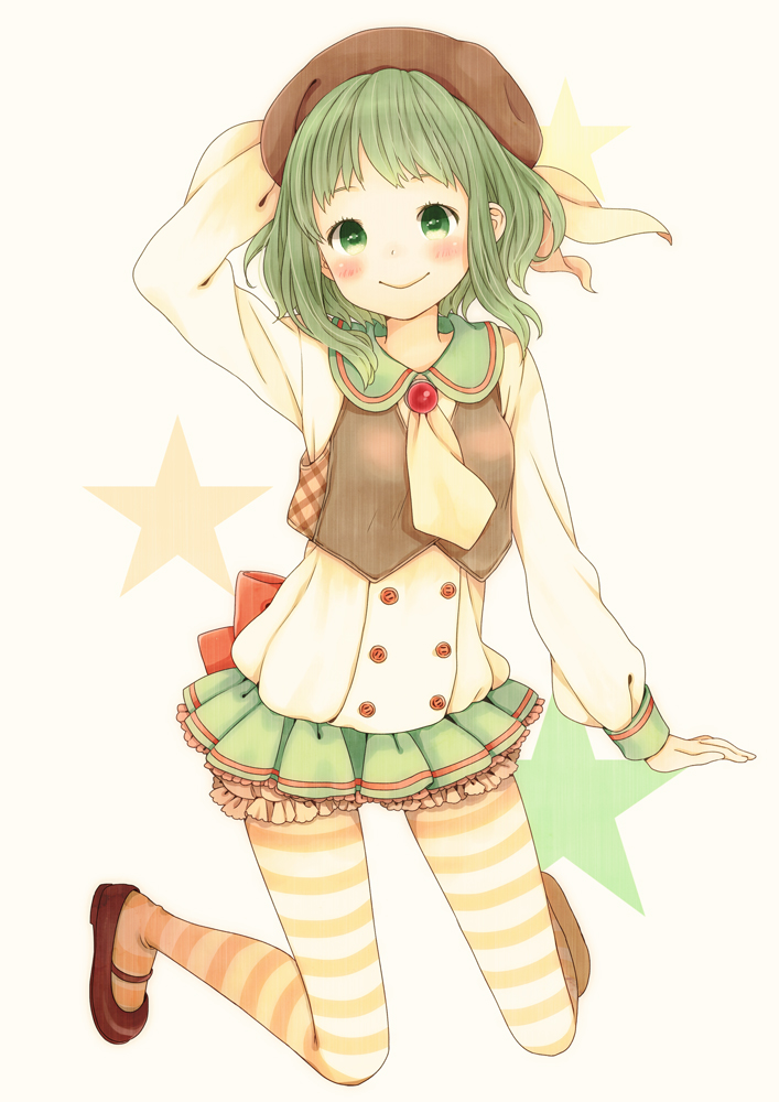 1girl :&gt; adjusting_clothes adjusting_headwear alternate_costume arm_behind_head arm_up ascot back_bow bangs beret blush bow brooch brown_footwear brown_headwear brown_vest buttons closed_mouth collared_shirt dot_nose feet_up floating_hair frills green_eyes green_hair green_skirt gumi hand_on_headwear hat jewelry jumping legs_apart long_sleeves looking_at_viewer mary_janes miniskirt mizutamako pantyhose petticoat plaid pleated_skirt puffy_long_sleeves puffy_sleeves red_bow ribbon shiny shiny_skin shirt shoes short_hair simple_background skirt sleeve_cuffs smile solo starry_background striped striped_pantyhose third-party_source vest vocaloid yellow_ascot yellow_background yellow_pantyhose yellow_ribbon yellow_shirt