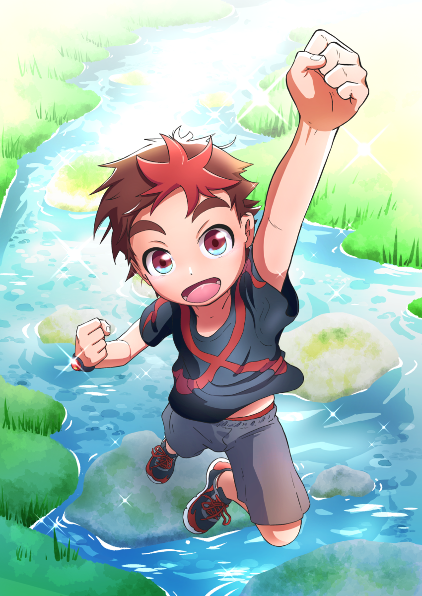 1boy blue_shirt brown_hair child clenched_hands commentary_request day from_above grass highres jail_black jumping looking_at_viewer looking_up lower_teeth male_child male_focus multicolored_hair open_mouth original outdoors outstretched_arm red_eyes redhead rock shirt shoes shorts smile sneakers solo stream teeth two-tone_hair watch watch water wrinkled_fabric