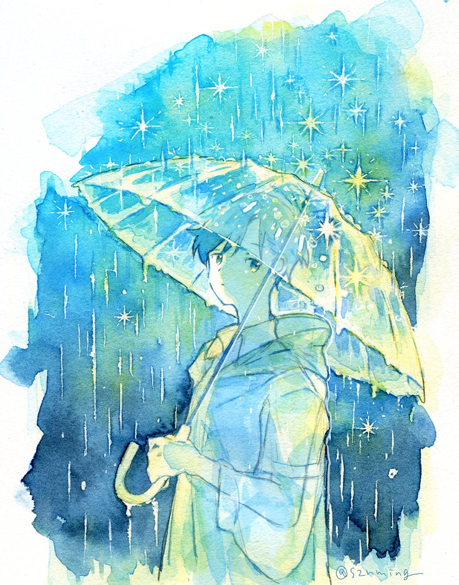 1boy 316suwarai blue_eyes blue_hair blue_theme closed_mouth hair_between_eyes holding holding_umbrella hood hood_down looking_at_viewer male_focus original painting_(medium) rain see-through see-through_silhouette silhouette solo sparkle traditional_media transparent transparent_umbrella twitter_username umbrella watercolor_(medium) yellow_eyes