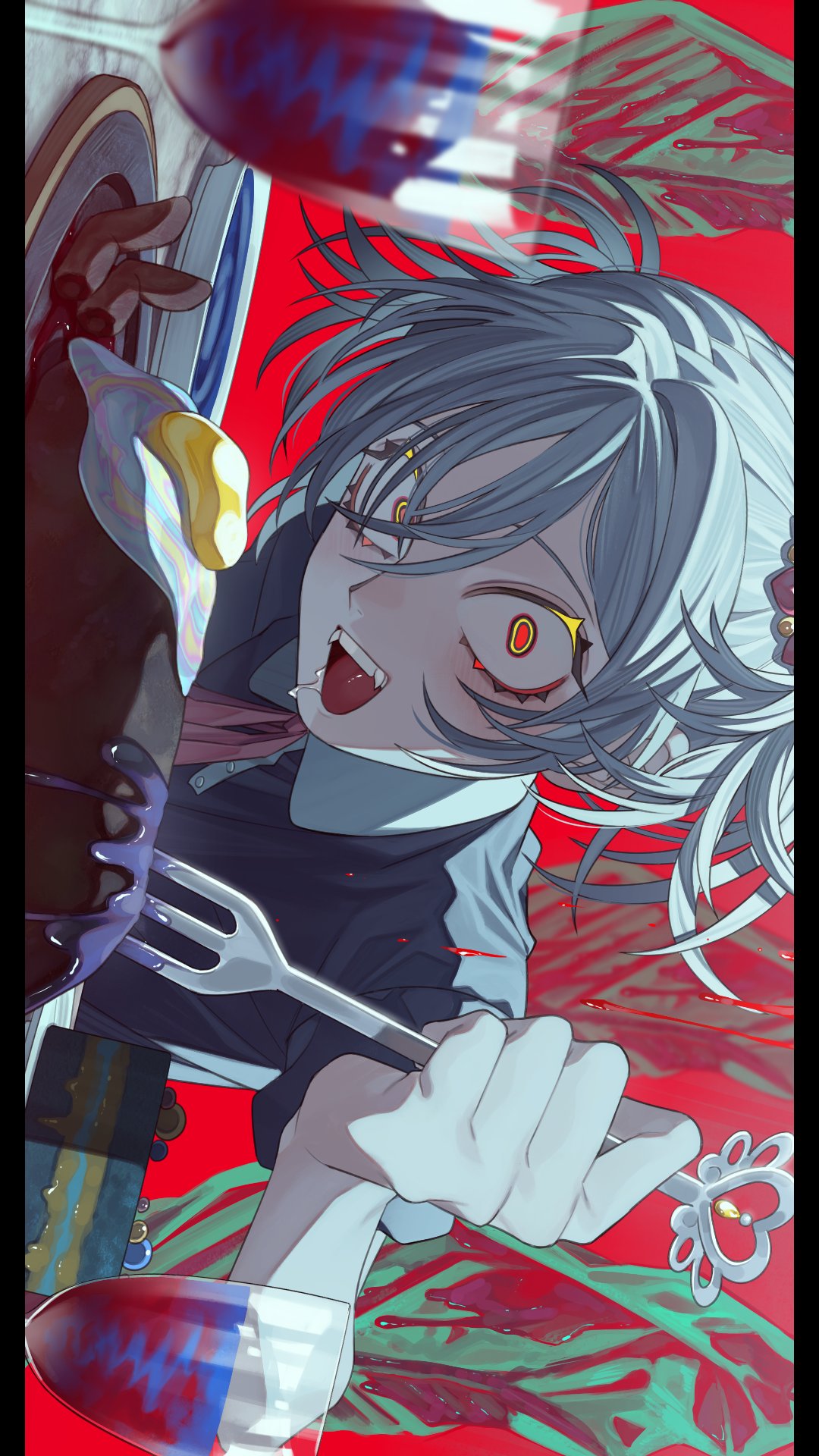 1boy black_shirt cake cake_slice collared_shirt colored_eyelashes crazy_eyes cup disembodied_limb drinking_glass egg fangs food fork grey_hair hair_between_eyes hand_up highres holding holding_fork kamonekm looking_at_viewer male_focus neck_ribbon open_mouth original red_background red_eyes ribbon saliva shirt short_hair short_sleeves solo tongue two_side_up upper_body wide-eyed wine_glass yellow_eyes